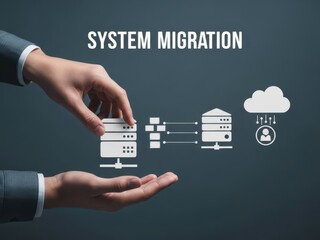 System migration concept with a hand safely transferring data packets from an old server icon to a new cloud server, for IT modernization and digital transformation
