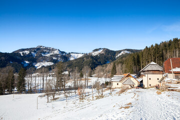Winter view of a Slovenian farm settlement in the Julian Alps, snow covered fields, barns and houses along a rural track with forested hills and mountain ridges, symbol of slovenian agriculture.