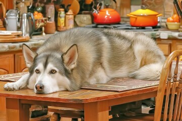 A large dog lies lazily on a kitchen table, surrounded by various kitchen items, creating a cozy and humorous domestic scene.