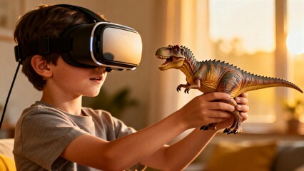 Child with VR headset holding dinosaur toy