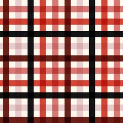 A seamless, repeating plaid or checkered pattern featuring bold horizontal and vertical stripes in red, black, and off-white colors, 