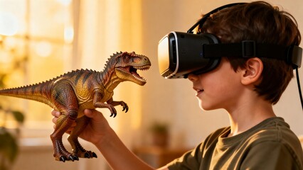 Child using VR headset holding dinosaur toy
