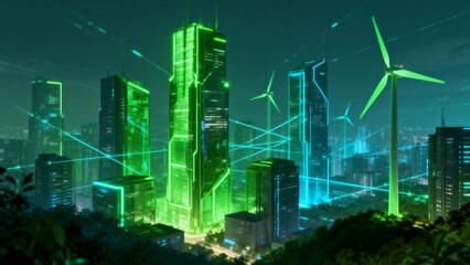 Futuristic cityscape with green energy