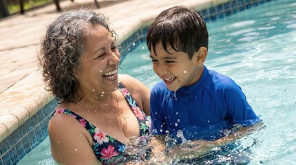 Parenting and family concept with two people - parent and child spending time together in swimming pool