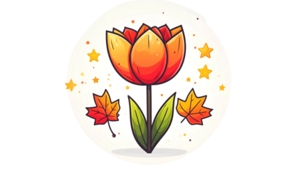 Cartoon tulip with autumn leaves, stars, and a circle backdrop, vibrant colors