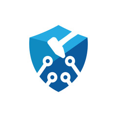 This is a logo design that depicts a shield with a sledge hammer with four node transistor lines that looks clean in blue color on a white background. It can be used for cyber protection logo. 