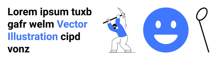 Fototapeta premium Communication, abstract ideas, design , teamwork, art concepts, playful mood. Blue happy face, worker with pickaxe and simple black elements. Communication and abstract ideas