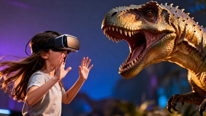 Girl wearing VR headset interacting with virtual dinosaur