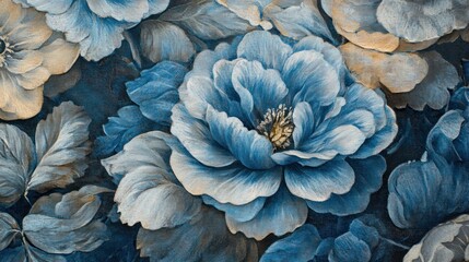 Detailed floral painting, blue and gold peonies, artistic design, wallpaper backdrop
