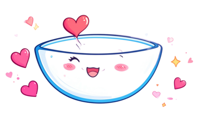 A cute animated bowl overflowing with milk & hearts, smiling surrounded by sparkles