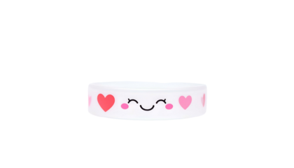 A white cylindrical object with smiling face & hearts, isolated on black background