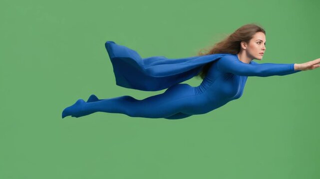 Superhero in spandex tights flying against a green screen background