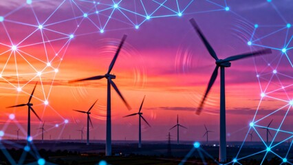 Wind turbines at sunset with network overlay
