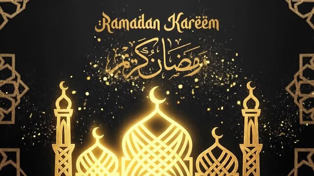 A visually rich and elegant animation features gleaming golden Arabic calligraphy spelling out a celebratory greeting, dynamically appearing and shimmering amidst sparkling particles against a deep bl