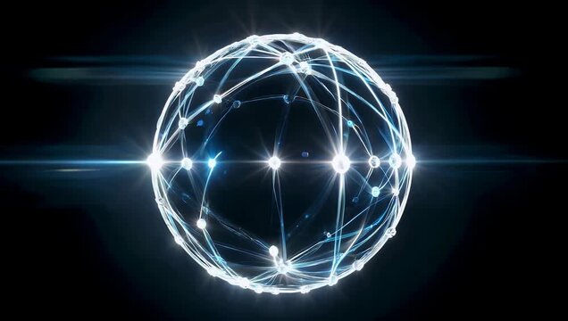 Abstract 3D animation of sphere covered with pulsating light patches rotating white joints floating on black background smooth futuristic cinematic ultra HD 