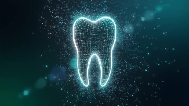 Neon-lit digital illustration of a tooth with a glowing blue outline and grid pattern on a dark background with sparkling particles.