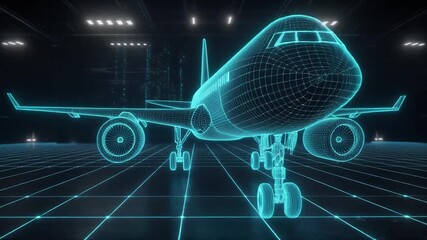Wireframe 3D model of an airplane in a dark hangar with blue grid lines and lights overhead. - Powered by Adobe