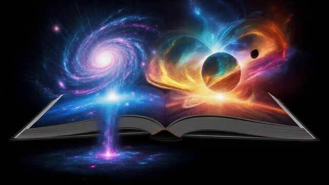 Open book with colorful creative magic coming from it - literature and literacy concept - space and universe theme