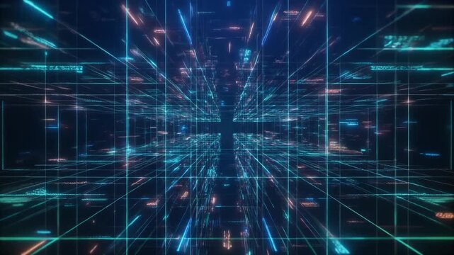Futuristic Cyber Grid Neon Tunnel Visual.
