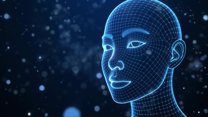 Wireframe mesh head of a human with glowing blue lines and dots on a dark background with a futuristic and technological mood. - Powered by Adobe