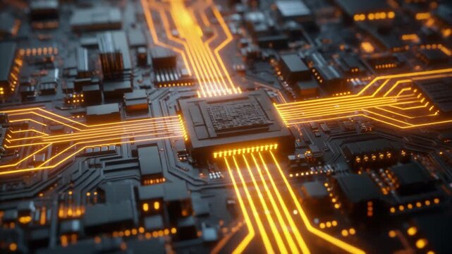 Glowing circuit pathways animate a futuristic motherboard video.