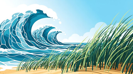 ocean waves rolling onto a sandy beach with tall green grass a vector illustration ideal for summer nature backgrounds.