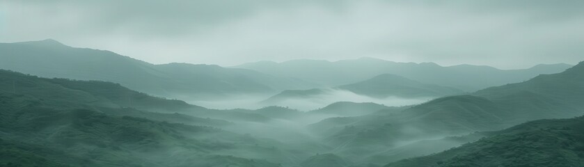 Naklejka premium A misty mountain landscape with layered hills, blending shades of green and gray, creating a serene and atmospheric scene.