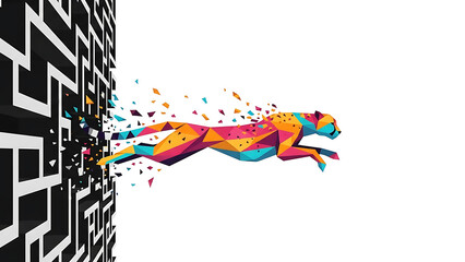 polygonal cheetah breaking through a geometric maze wall illustrating breakthrough innovation and overcoming business challenges with speed