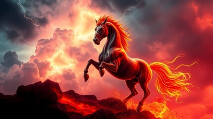 Electric vivid colors, stormy skies, intense dramatic weather, high tension, Chinese zodiac fire horse. Chinese new year 2026.