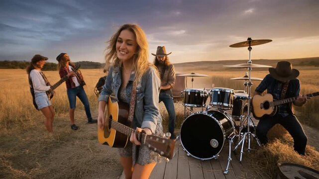 Country music video with country western band playing instruments 