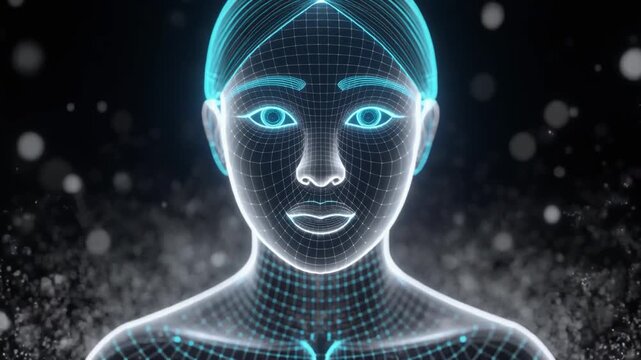 Digital illustration of a futuristic woman's face and shoulders with a wireframe mesh and blue glowing lines on a dark background with white dots.
