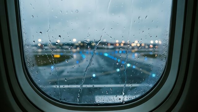 Rain-streaked airplane window offers a blurred perspective of a bustling airport runway with illuminated lights at dusk, capturing the essence of travel on a moody evening