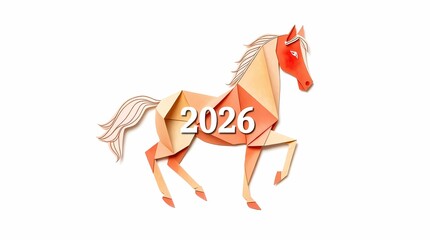 origami style illustration of a horse with text 2026, zodiac sign Year of the Horse, New Year's card
