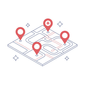 Isometric map illustration with location pins indicating points of interest