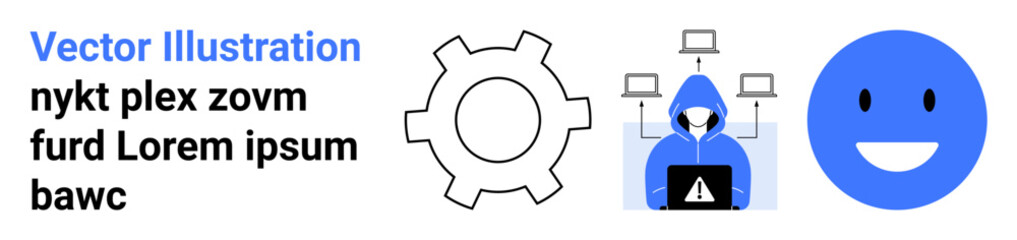 Fototapeta premium Gear for settings, hooded hacker with laptop implies cyber threats, blue happy face symbolizing positivity. Ideal for tech, cybersecurity, safety, online trust, IT solutions, data security simple