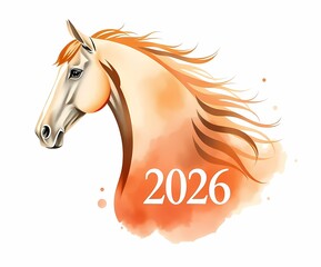 Watercolor illustration of a horse with text 2026, zodiac sign Year of the Horse, Chinese New Year's card.