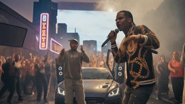 Hip-hop rap music video with rappers performing on stage