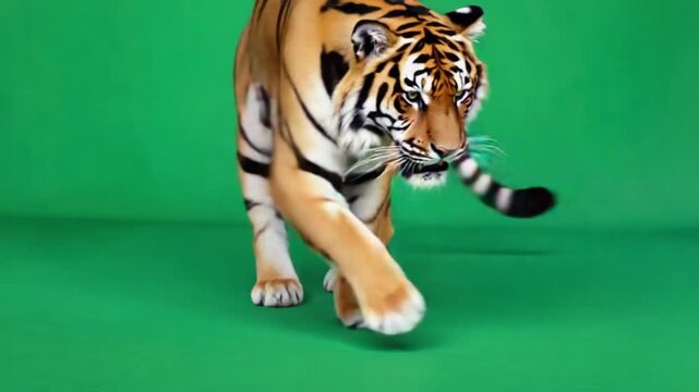Majestic tiger lying down on green background looking fierce