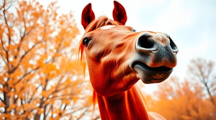 Illustration of a red horse, from a low angle perspective with warm autumn colors, in a fine art photography style, for the zodiac year of the horse, 2026.