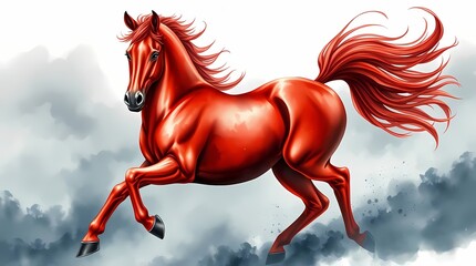 Watercolor illustration of a red horse, with a cast bronze surface and dramatic, intense weather, embodying the zodiac year of the horse, 2026, for a new year's card