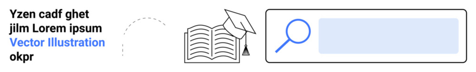 Obraz premium Knowledge, education, research, online learning, academic tools, information search. Open book with graduation cap and search bar. Education and research concept