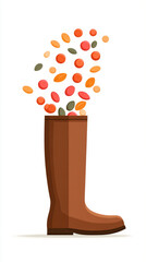 Brown boot with colorful falling leaves on white background