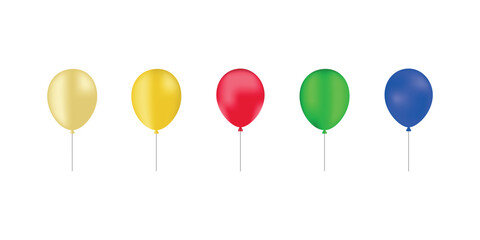 Colorful balloons set isolated on white background. Minimal festive decoration with red, yellow, green, blue and gold balloons. Celebration, party, birthday, holiday, event and joyful concept with cle