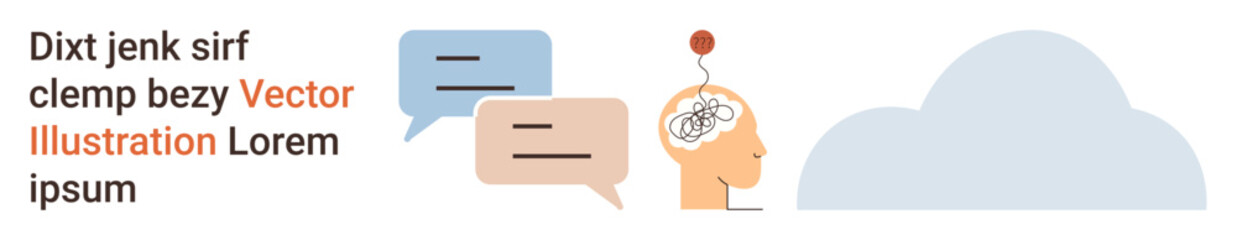 Communication, ideas, mindfulness education, brainstorming, technology, healthcare. Human head with a brain, speech bubbles and a cloud. Communication and ideas sharing concept