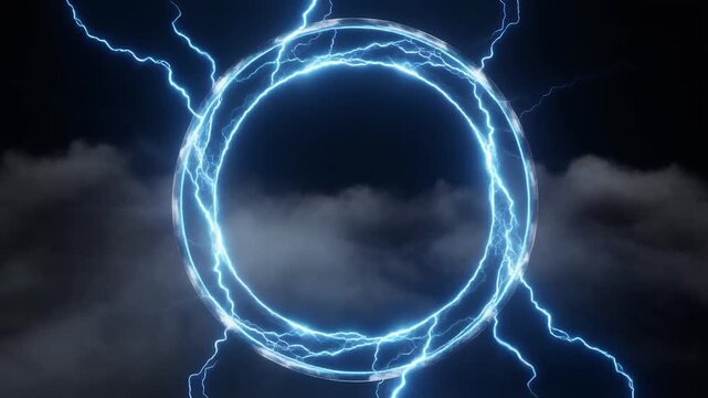 Glowing blue lightning bolt encircling a circle against a dark stormy sky with clouds.