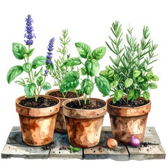 Obraz premium Watercolor illustration of potted herbs with soil and small onions
