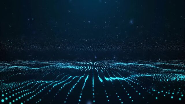 A futuristic digital landscape with glowing blue dots and lines radiating from a central point in a dark environment from a low viewpoint
