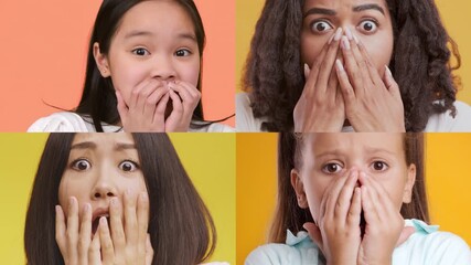 A collage showcases four diverse individuals displaying various emotions in a vivid setting. Each person expresses surprise, concern, and intrigue, highlighting human emotion's richness.