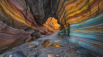 Colorful canyon interior, vibrant rock formations, sunlight through opening.  Possible use travel brochure