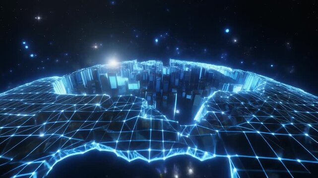 Glowing blue grid map of North America against a starry night sky with a bright light source.